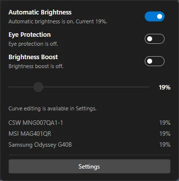 The BrightSync quick popup with a master brightness slider and Automatic Brightness, Eye Protection and Brightness Boost toggles