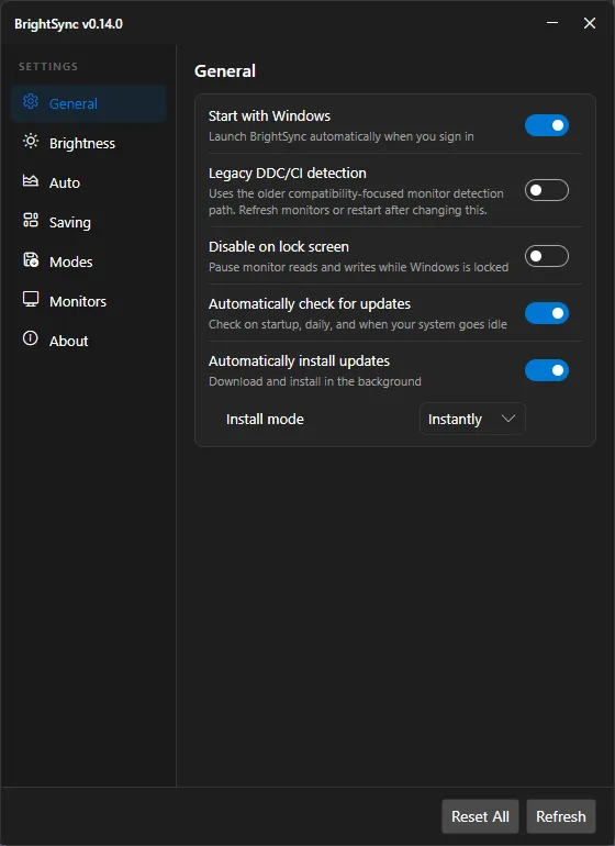 BrightSync settings: general options including start at login and update checks