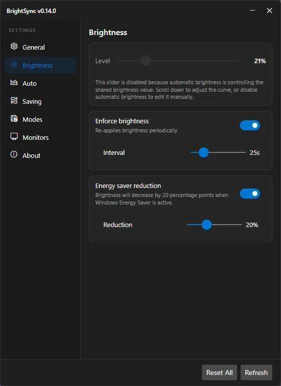 BrightSync settings: master brightness and enforcement options