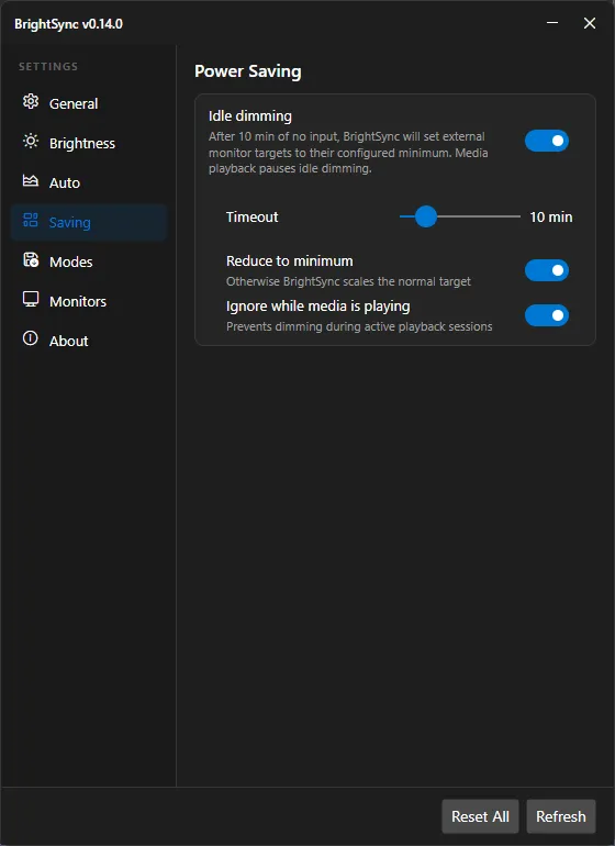 BrightSync settings: energy saver reduction and idle dimming