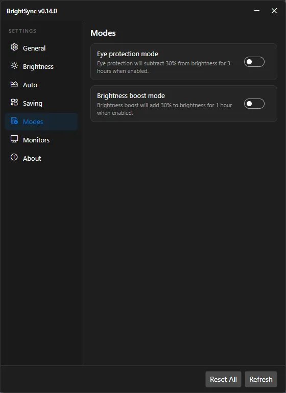 BrightSync settings: timed eye protection and brightness boost modes