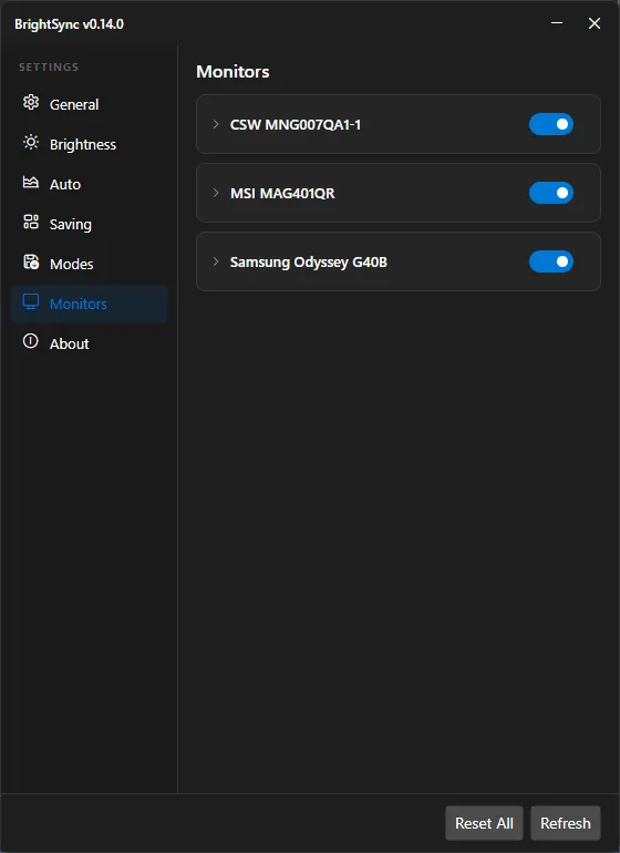 BrightSync settings: per-monitor limits, multiplier and hardware controls